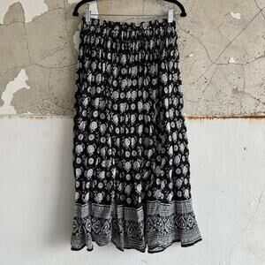 Vtg Midi Skirt Crinkle Cotton Black White‎ Block Print Bohemian Cottagecore OS